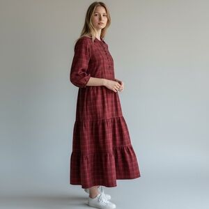 Victoria Dunn Red Plaid Tiered Maxi Dress NWT Small